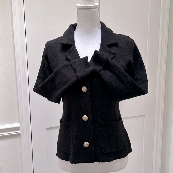 Adrienne Vittadini Womens Black Knit Blazer Cardigan Gold Buttons Sz XS Chic - Picture 2 of 10